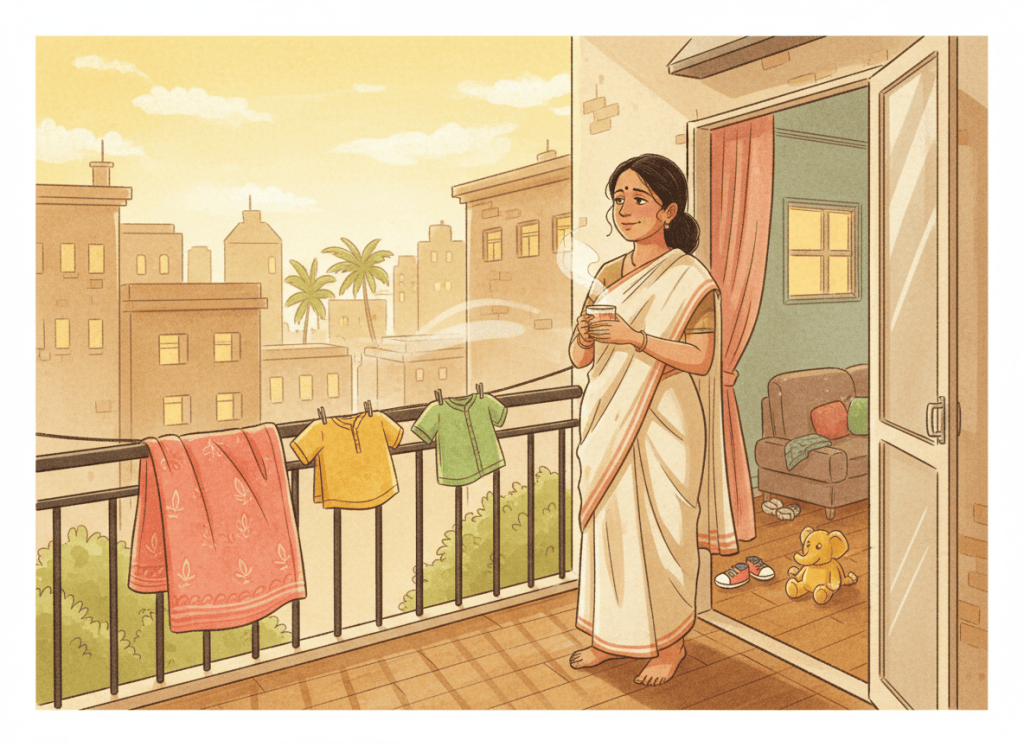 A tired mother stands quietly on an apartment balcony with a cup of tea.