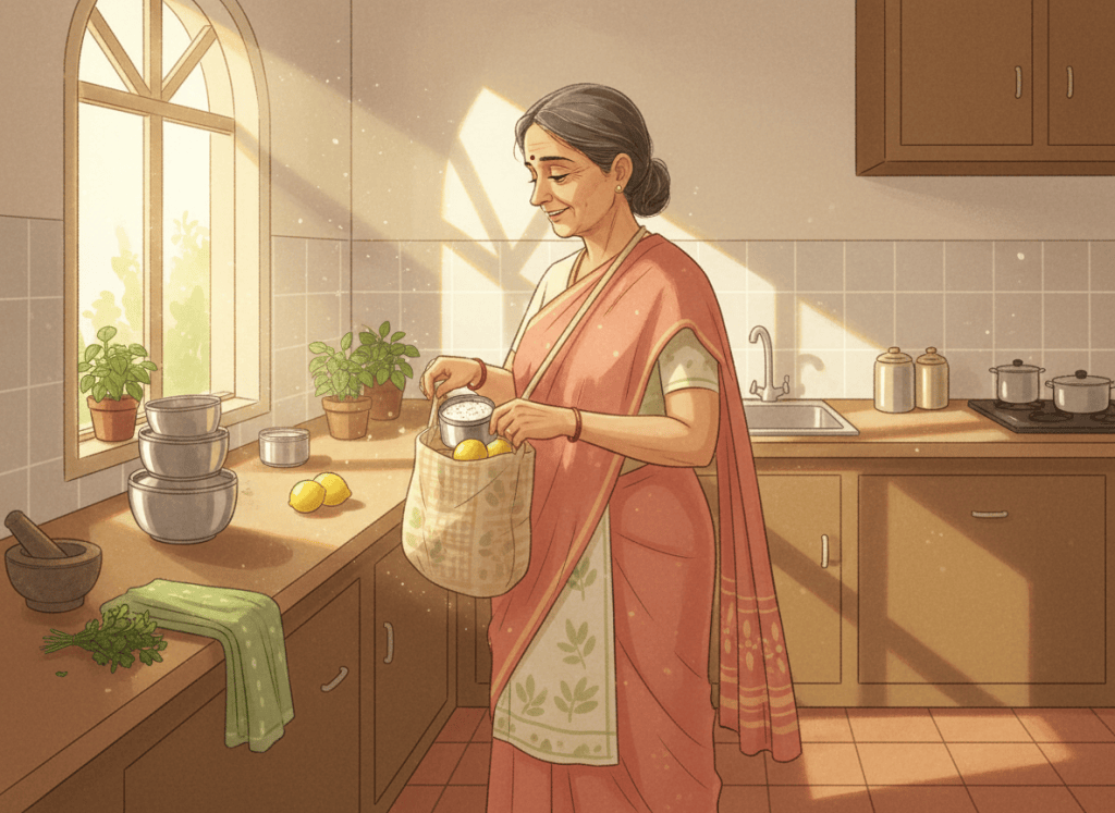 An older mother quietly packs homemade chutney and lemons into her daughter's bag in a warm Indian kitchen.
