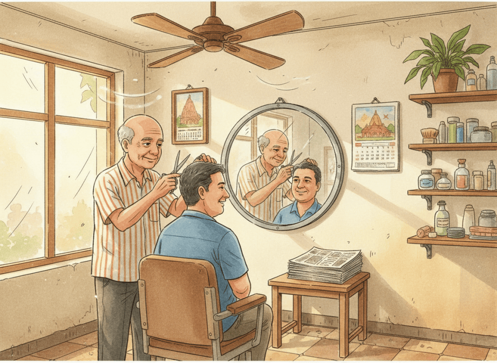 A neighborhood barber gives a regular customer a haircut on a Sunday morning.