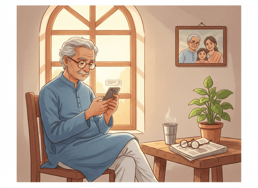 An older father sits near a window holding his phone after dinner, thinking about calling his son.