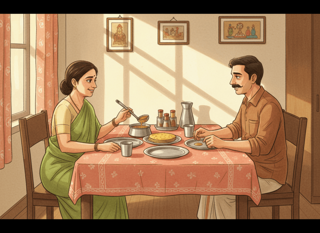 A married couple at a warm family dinner with an extra steel plate on the table.