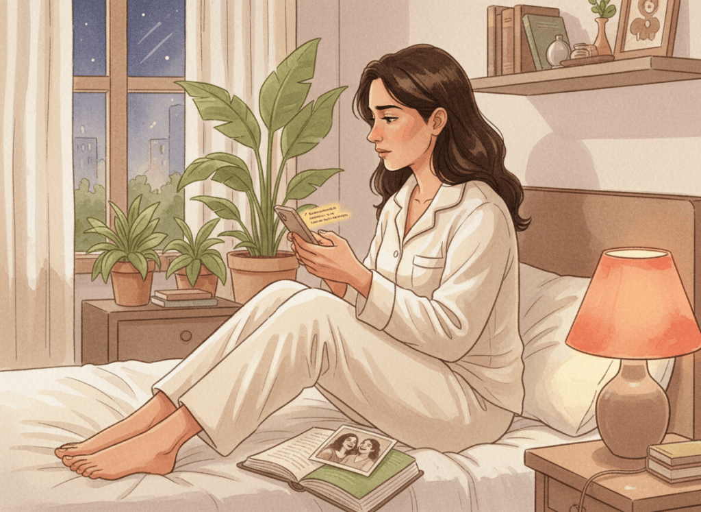A woman sits at night holding a phone with an unsent message.