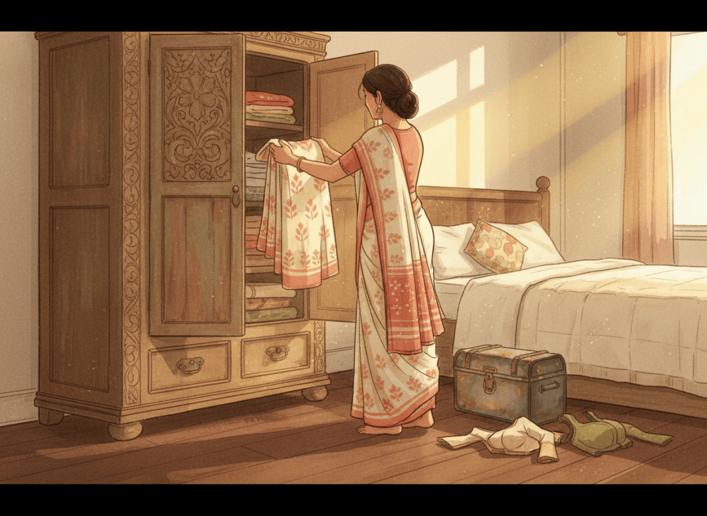 A daughter finds her late mother's folded green cotton saree inside an old cupboard.