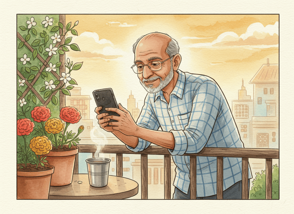 Warm adult Indian storybook illustration for The Quiet Things. Early morning apartment balcony, an older Indian father in a simple checked shirt and reading glasses taking a photograph of sunrise flowers with an old smartphone, a steel tumbler of tea beside him, jasmine plant and city buildings softly behind. Intimate everyday family life, gentle humor, affectionate not sentimental, hand-painted watercolor/gouache with subtle anime-inspired Indian graphic novel warmth, paper cream, coral, golden yellow, leaf green and soft blue palette, no text, no lettering, no watermark, landscape composition.